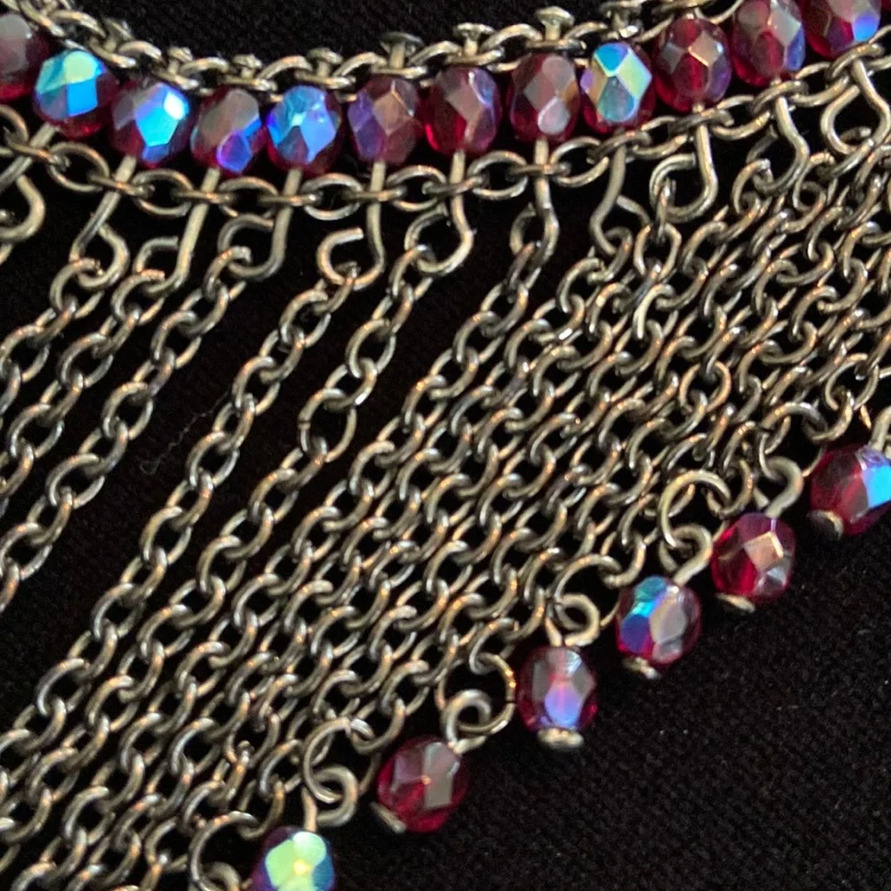 Vintage Iridescent red crystal gun metal chain fringed necklace